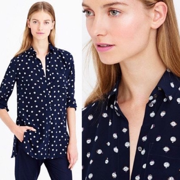 Navy Blue Tick Tock Clock Print 100% Silk Tunic Blouse Button-down Top Size 6 - Picture 1 of 13